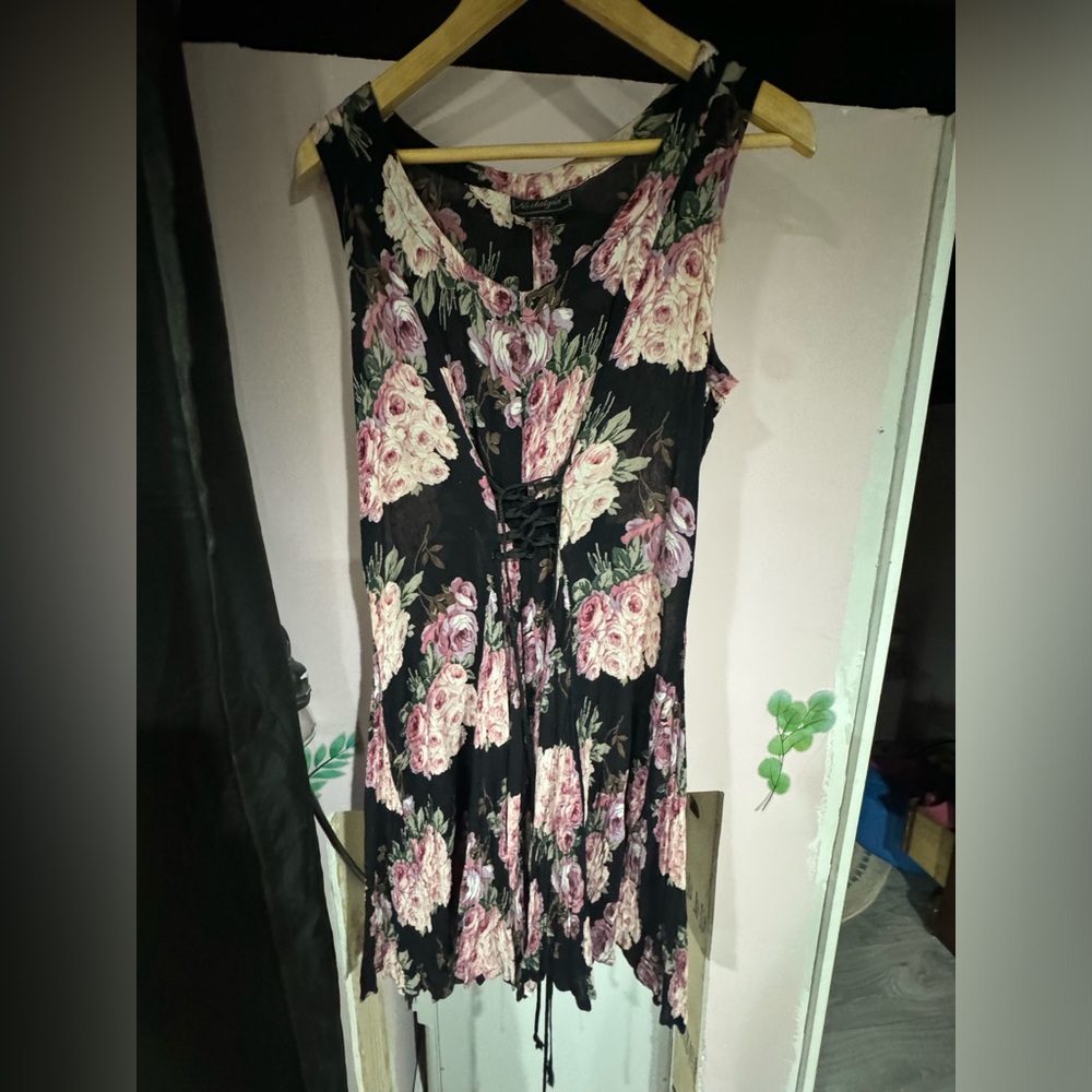 Vintage 90s Nostalgia Corset Lace up floral crinkle mini dress